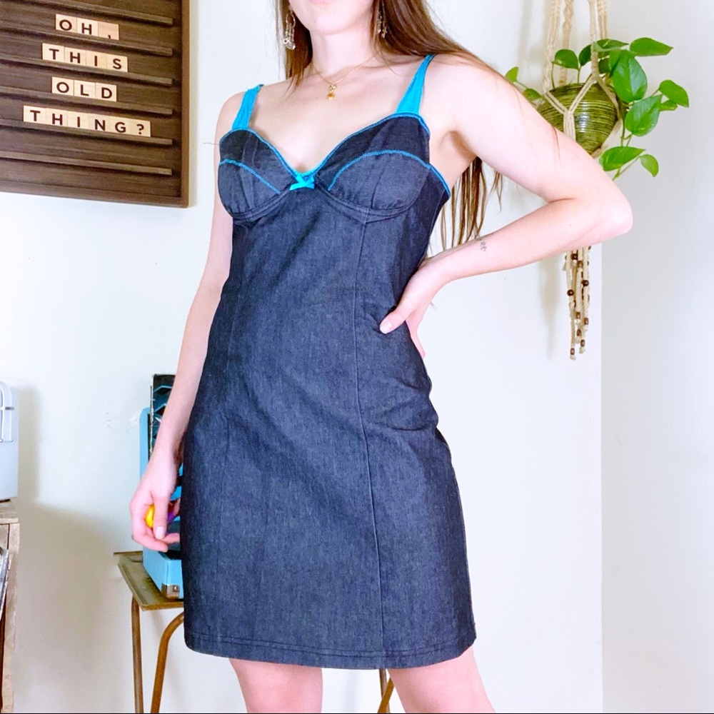 90s Vintage Black Stretchy Denim and Blue Lace Guess Bodycon Mini Dress
